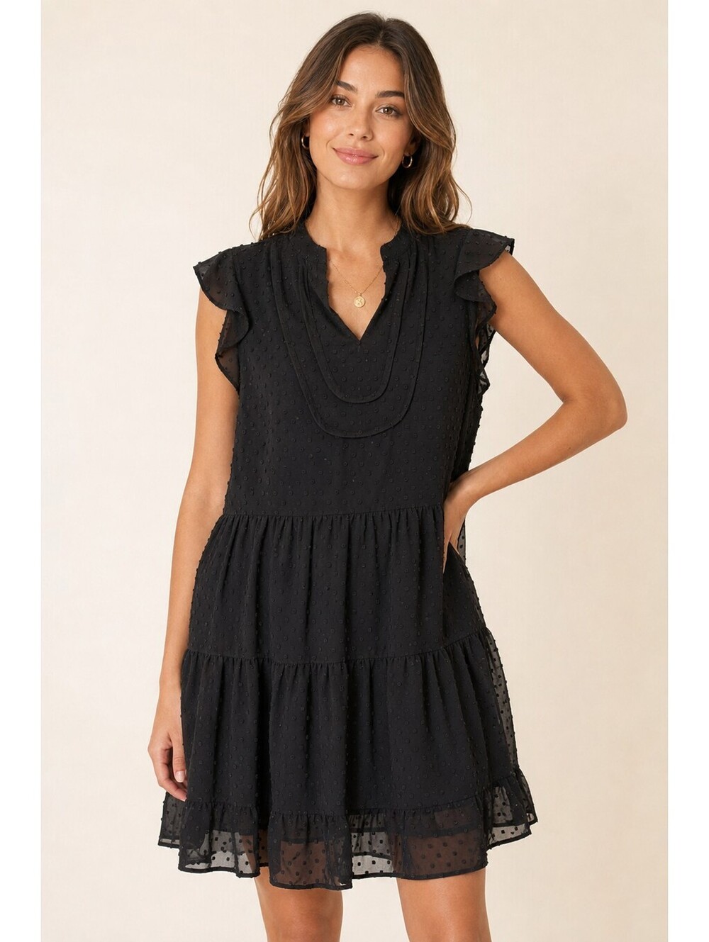 BTFBM Black Swiss Dot Tiered Mini Dress Ruffle Sleeveless Sheer Size L